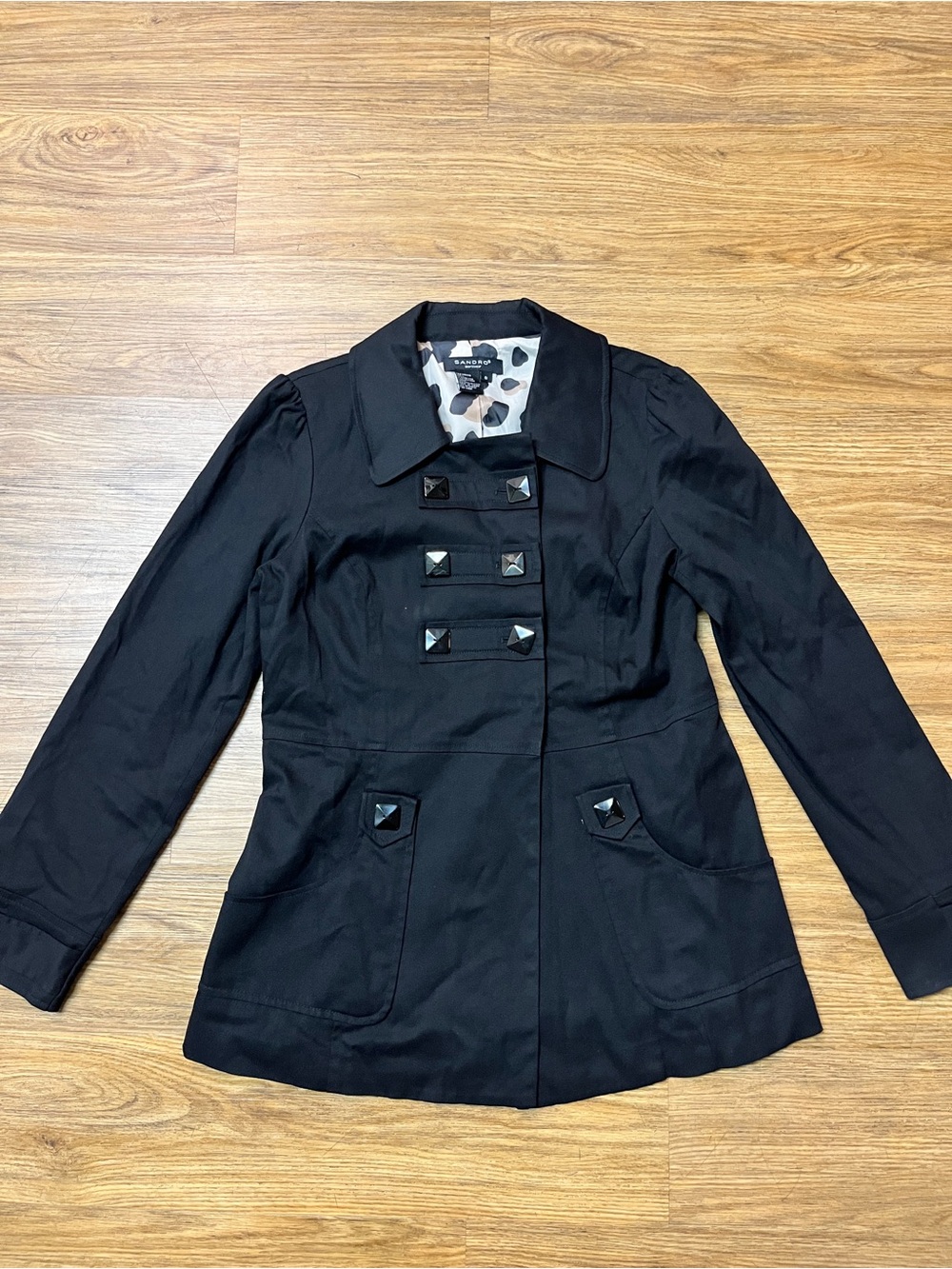 Y2K Unique Sandro Sportwear Black Peacoat Pyramid Buttons Leopard Lining Size S
